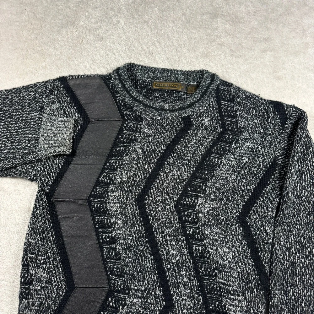 Giani Leone Sweater Mens Small Black Leather Patch Chevron Marl Knit Vintage